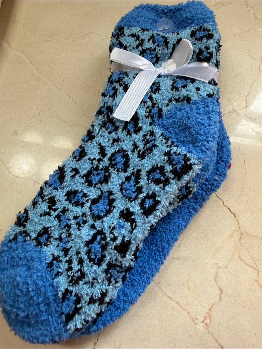 Cozy Blue Leopard Fuzzy Socks - Womens (set of 2)